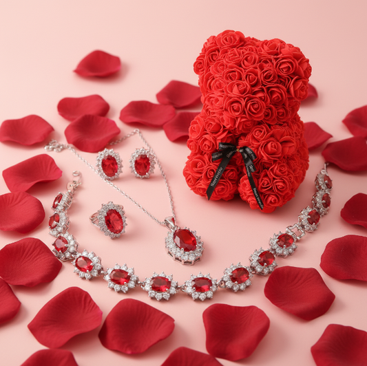 ¡¡SUPER OFERTA!! KIT ROMÁNTICO COMPLETO CONJUNTO DE JOYAS DE PLATA DE LEY 925 Y DIAMANTES (COLLAR, PULSERA, PENDIENTES Y ANILLO), OSO DE PELUCHE DE ROSAS ARTIFICIALES Y ‼️500 PÉTALOS ARTIFICIALES ROJOS GRATIS‼️