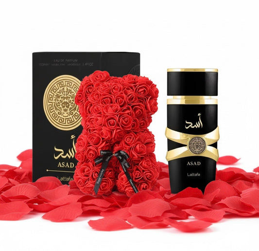 ¡¡SUPER OFERTA!! KIT ROMÁNTICO COMPLETO PARA REGALAR A TU PAREJA INCLUYE PERFUME ASAD LATTAFA HOMBRE 100ML, OSO DE PELUCHE DE ROSAS ARTIFICIALES Y ‼️500 PÉTALOS ROJOS GRATIS‼️
