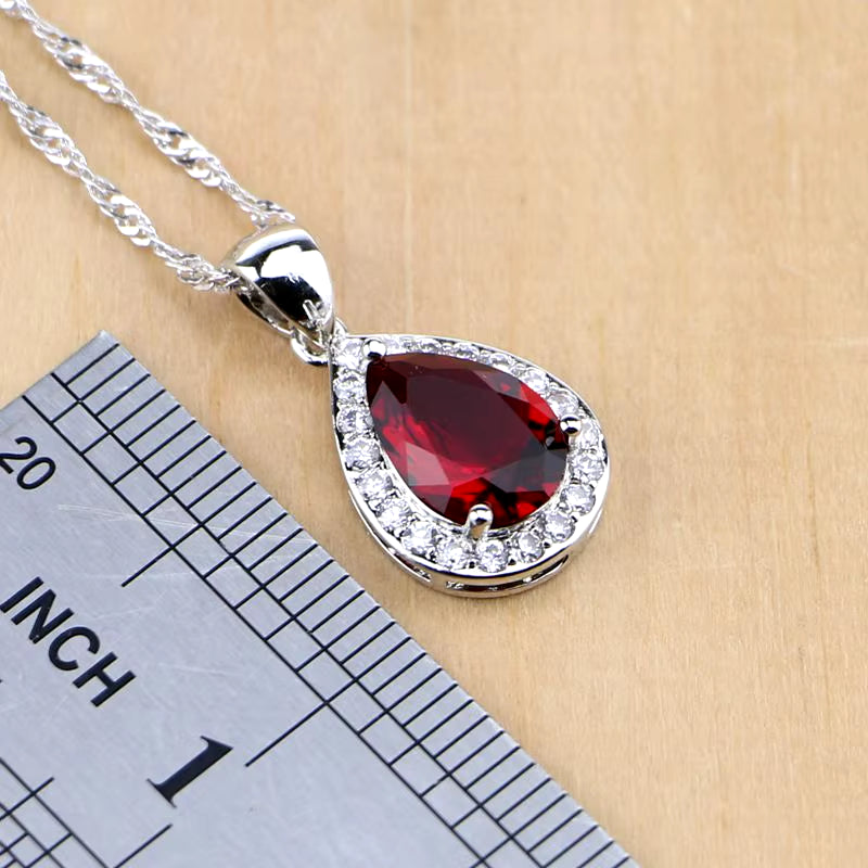 Water Drop Silver 925 Jewelry Red Ruby White Topaz Jewelry Sets Women Long Earrings/Pendant/Necklace/Rings/Bracelet Dropshipping